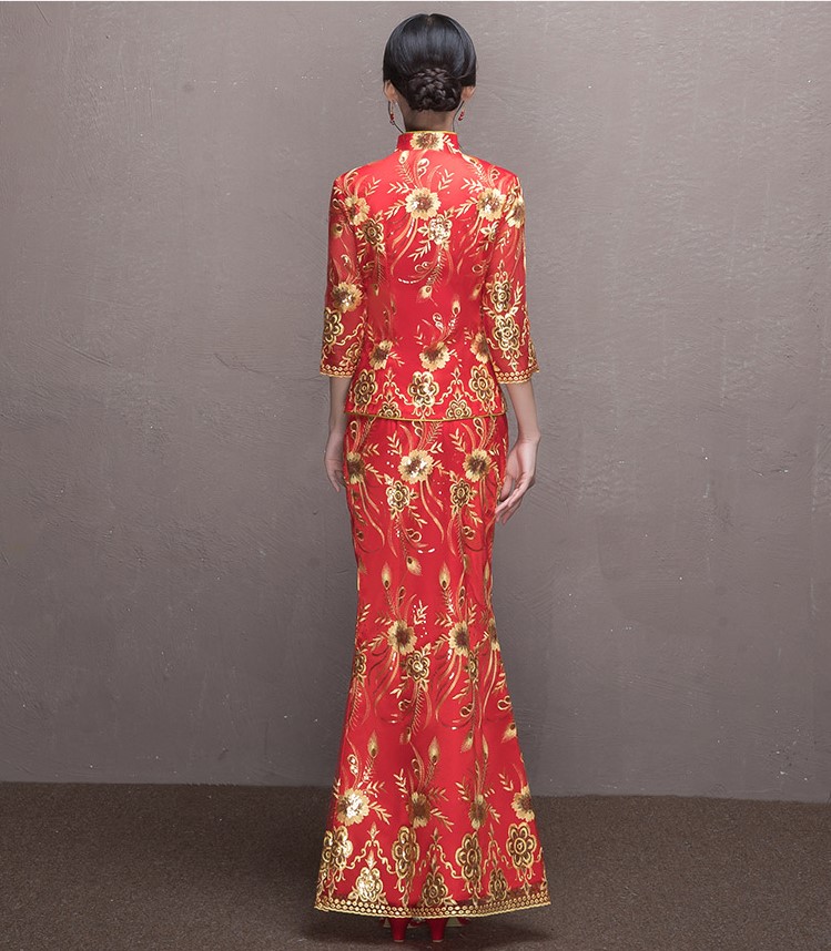 奢華花朵鳳凰刺繡中式禮服，唯美新娘魚尾禮服