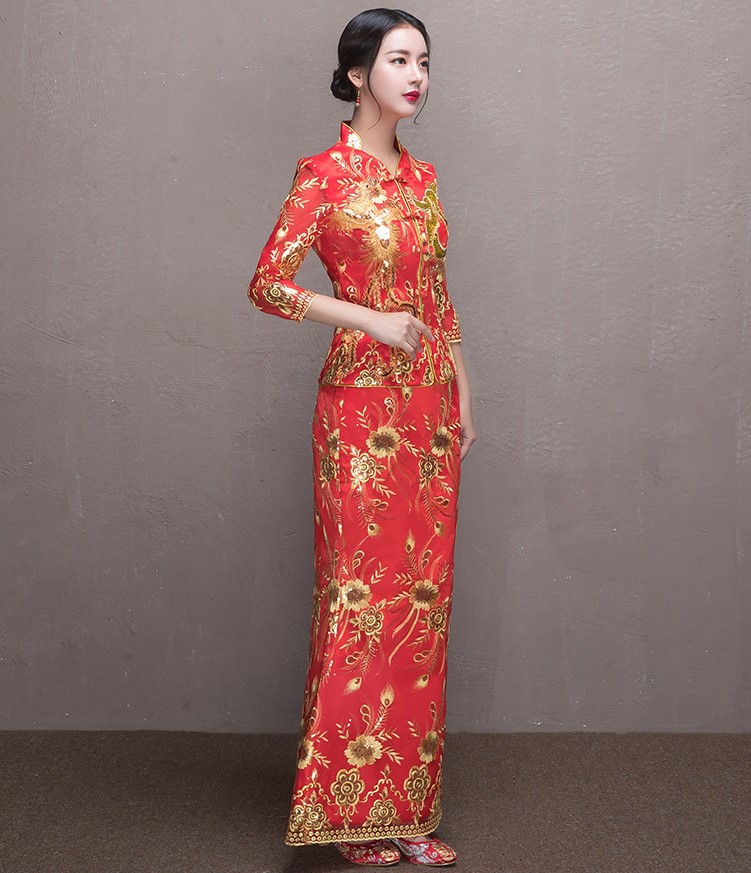 奢華花朵鳳凰刺繡中式禮服，唯美新娘魚尾禮服