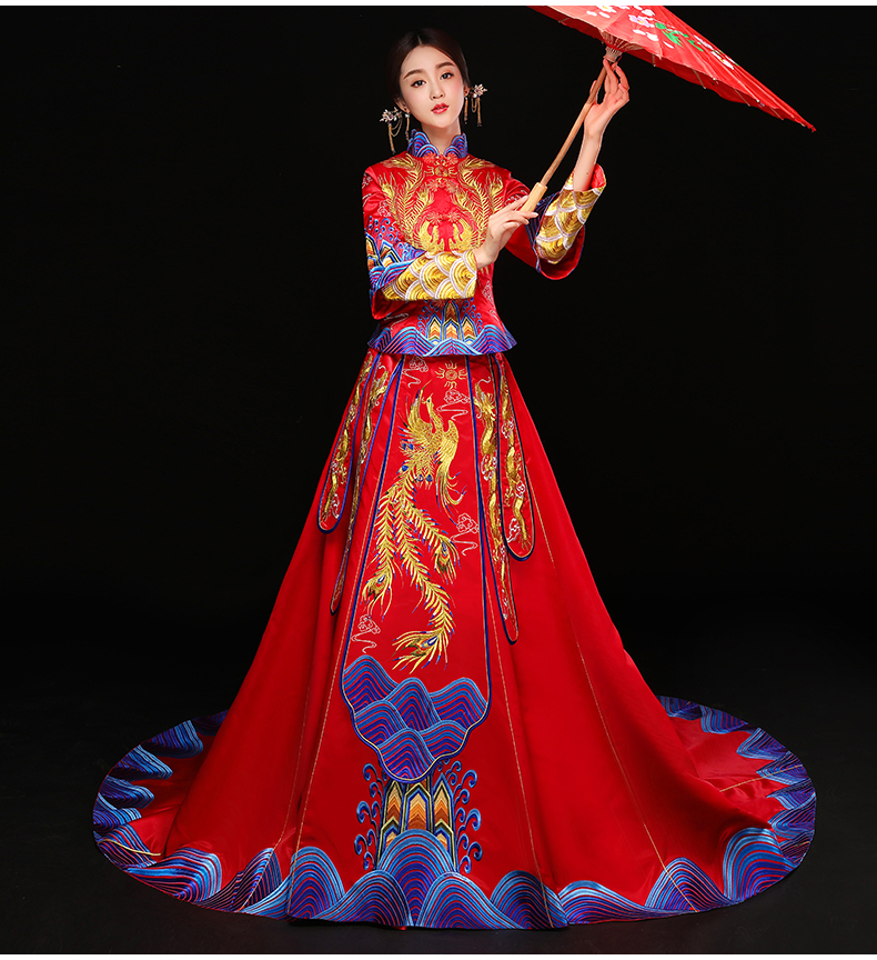 水波紋刺繡中式禮服，奢華拖尾新娘結(jié)婚禮服