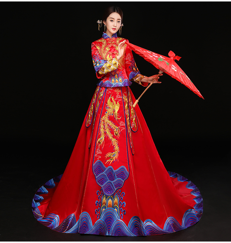 水波紋刺繡中式禮服，奢華拖尾新娘結(jié)婚禮服