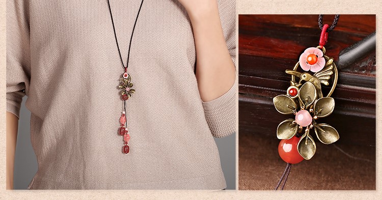 復古紅色花朵吊墜毛衣鏈項鏈