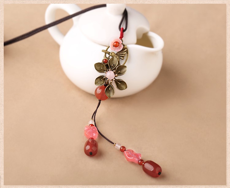 復古紅色花朵吊墜毛衣鏈項鏈