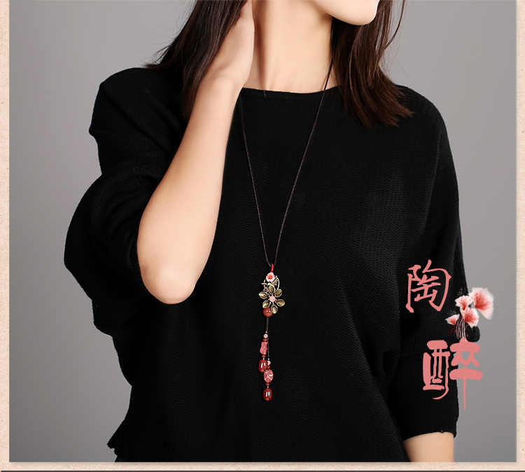 復古紅色花朵吊墜毛衣鏈項鏈