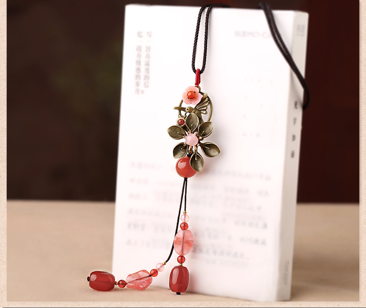 復古紅色花朵吊墜毛衣鏈項鏈