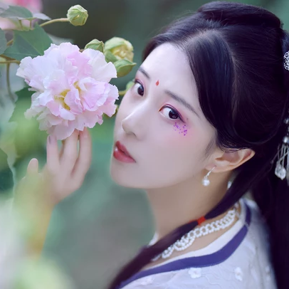 紅花綠葉帶團(tuán)扇女生頭像，唯美古風(fēng)真人頭像