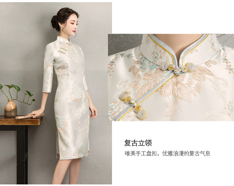 清新淡雅繡花旗袍，中袖優(yōu)雅旗袍裙