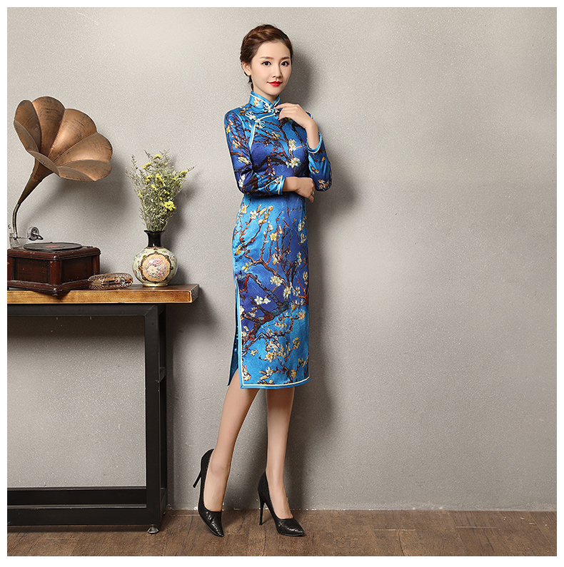 玉蘭枝藍(lán)色旗袍，長袖蠶絲加厚旗袍裙