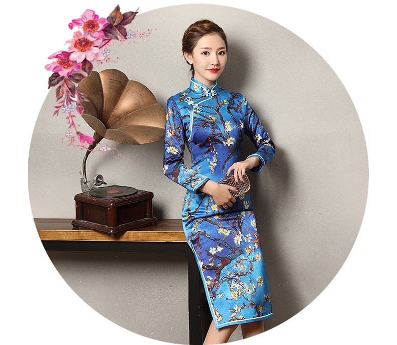 玉蘭枝藍(lán)色旗袍，長袖蠶絲加厚旗袍裙