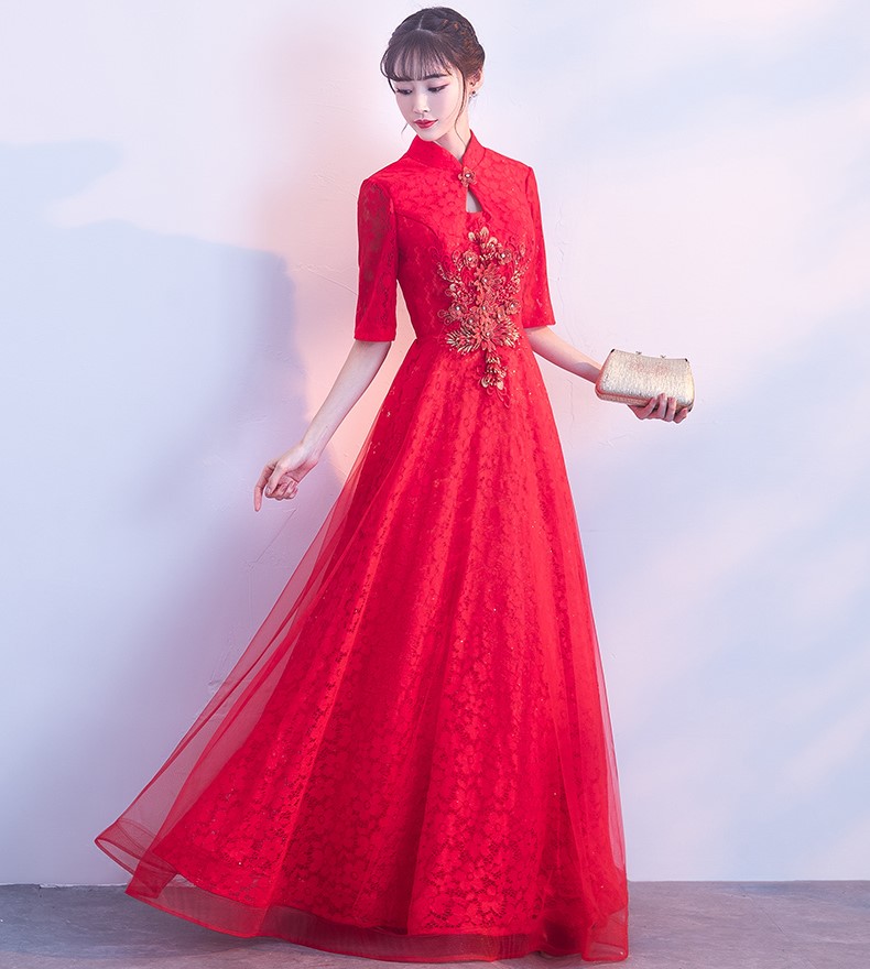 典雅氣質(zhì)中式禮服，網(wǎng)紗蕾絲晚禮服