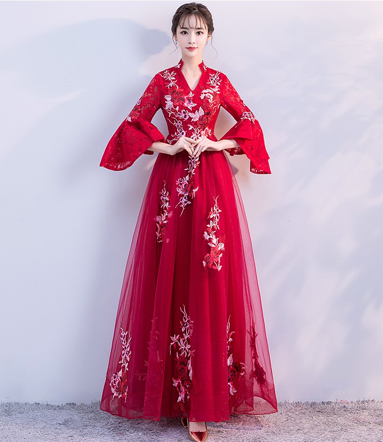 時尚喇叭袖中式禮服，性感唯美晚禮服