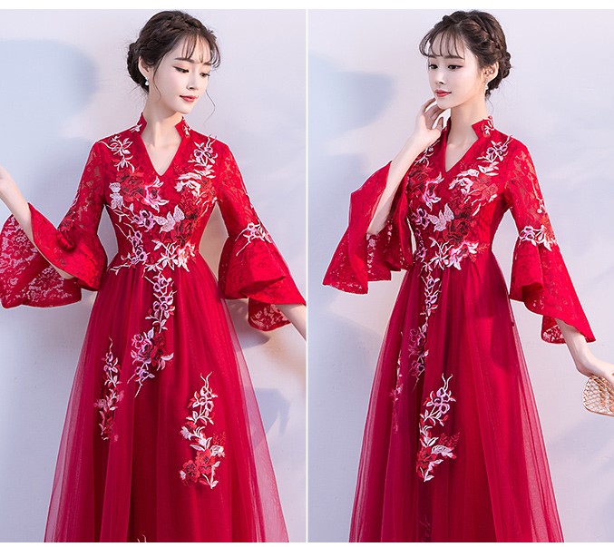 時尚喇叭袖中式禮服，性感唯美晚禮服