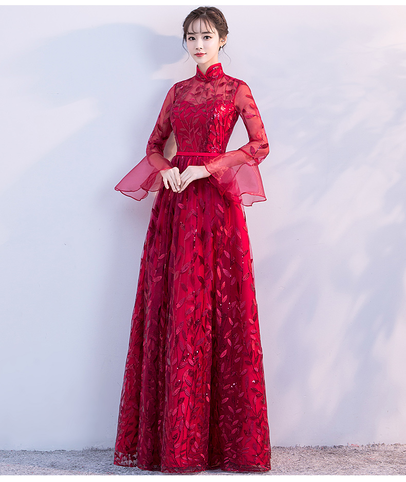 新穎喇叭袖中式禮服，性感鏤空繡花晚禮服