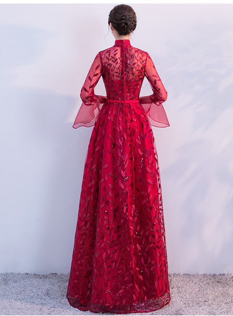 新穎喇叭袖中式禮服，性感鏤空繡花晚禮服