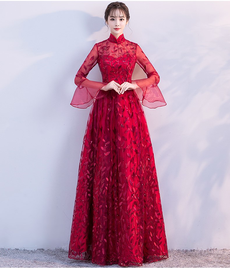 新穎喇叭袖中式禮服，性感鏤空繡花晚禮服