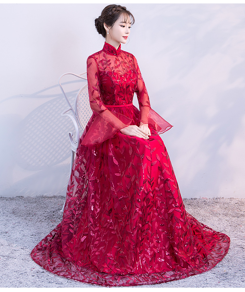 新穎喇叭袖中式禮服，性感鏤空繡花晚禮服