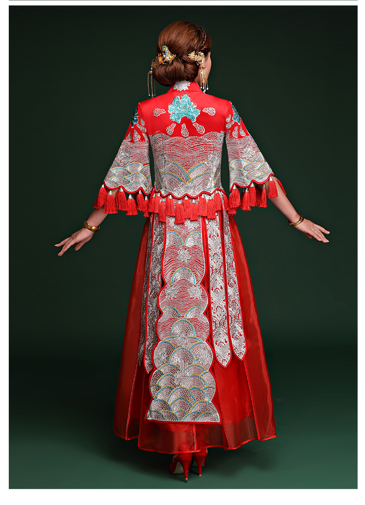 復(fù)古典雅中式禮服，袖波浪紋新娘結(jié)婚禮服