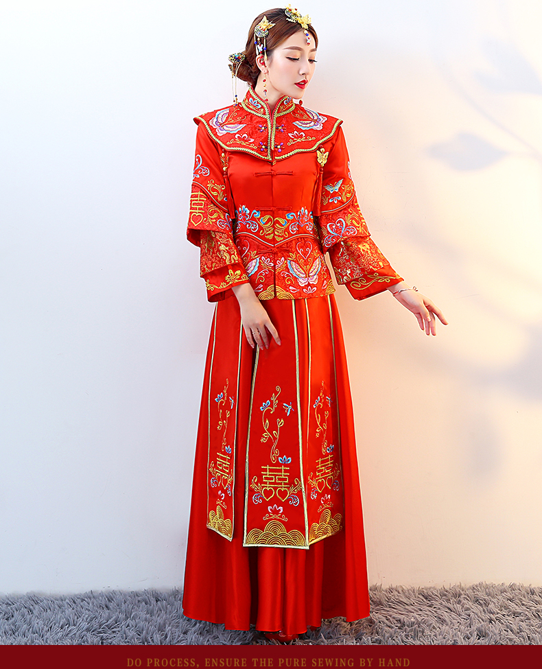 紅色復(fù)古典雅中式禮服，新娘結(jié)婚禮服