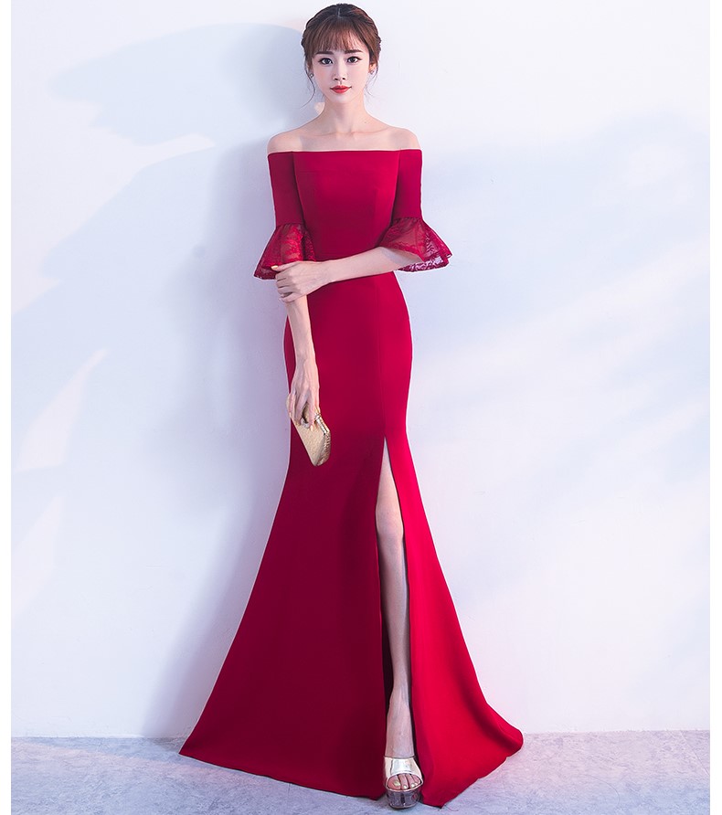 一字肩開叉中式禮服，甜美蕾絲袖口晚禮服