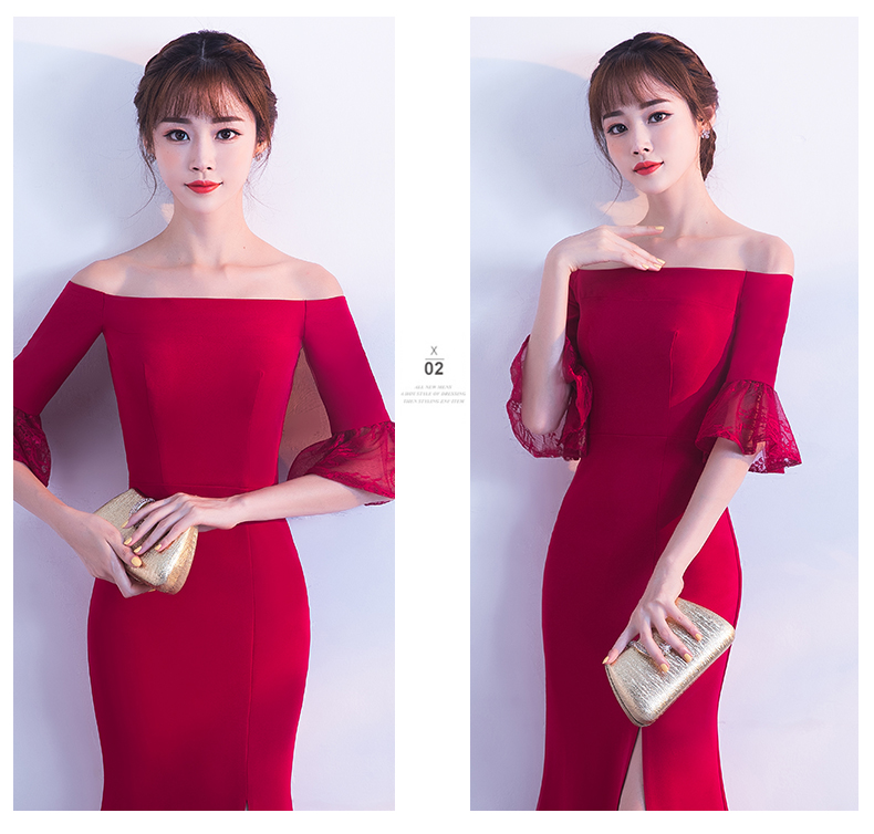 一字肩開叉中式禮服，甜美蕾絲袖口晚禮服