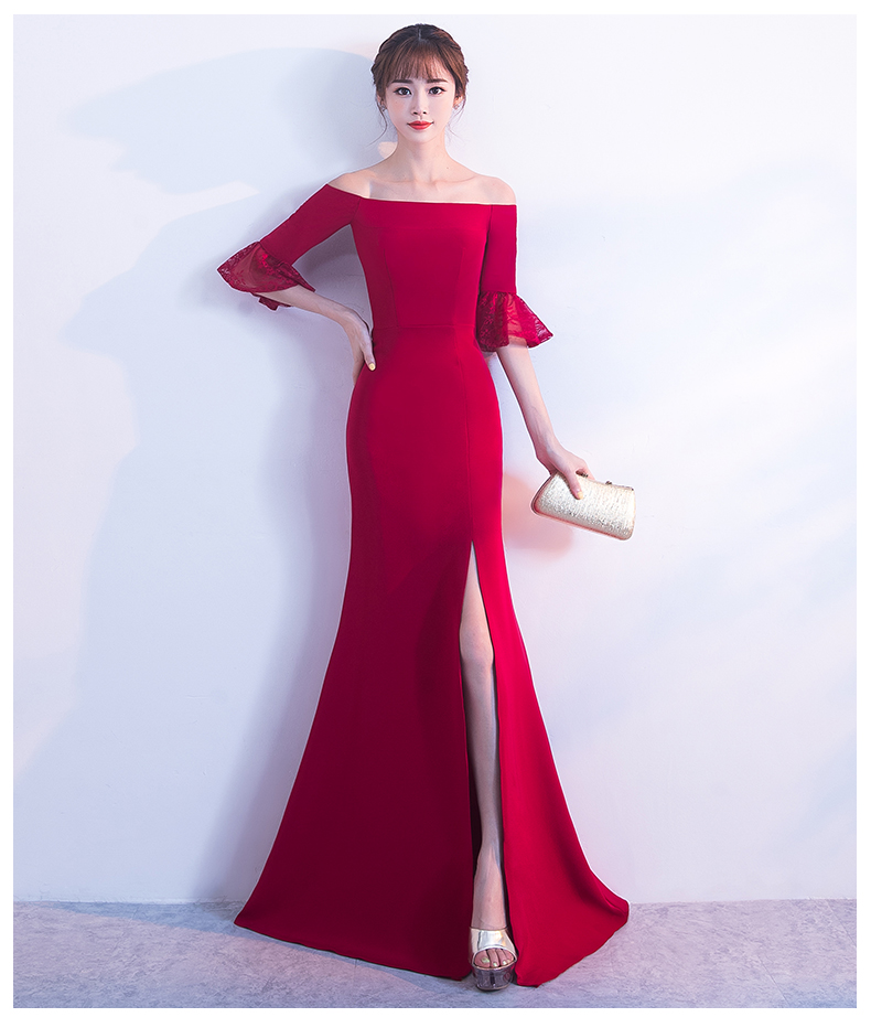 一字肩開叉中式禮服，甜美蕾絲袖口晚禮服