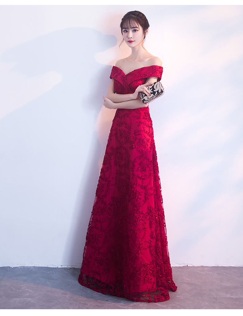 一字肩中式禮服，甜美蕾絲花晚禮服