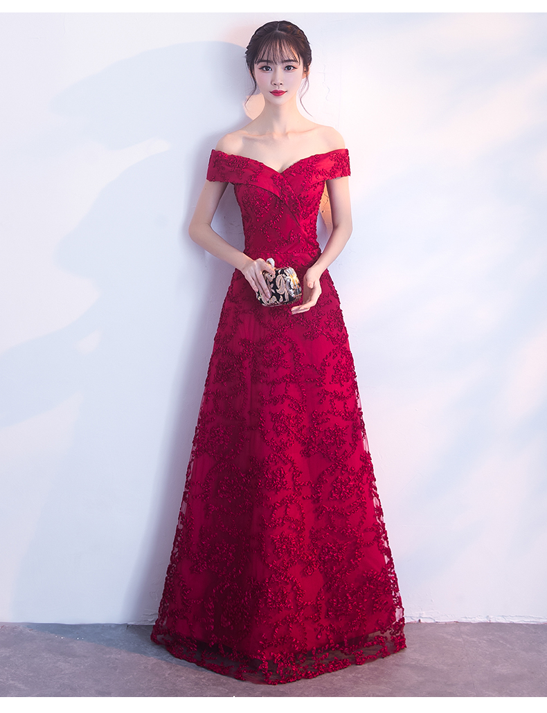 一字肩中式禮服，甜美蕾絲花晚禮服