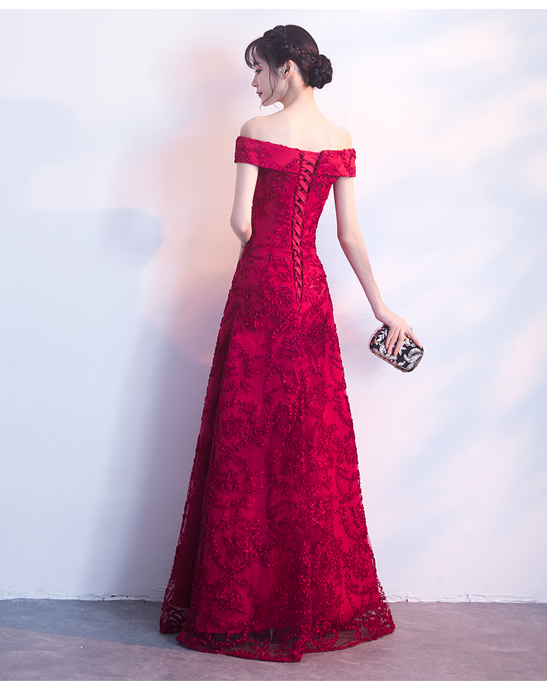 一字肩中式禮服，甜美蕾絲花晚禮服