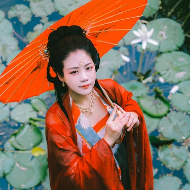 蓮池邊帶紅傘紅衣女生頭像，唯美古風(fēng)真人頭像