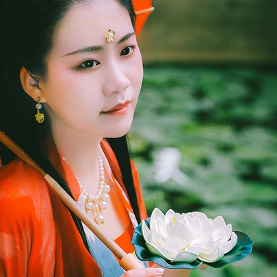 蓮池邊帶紅傘紅衣女生頭像，唯美古風(fēng)真人頭像