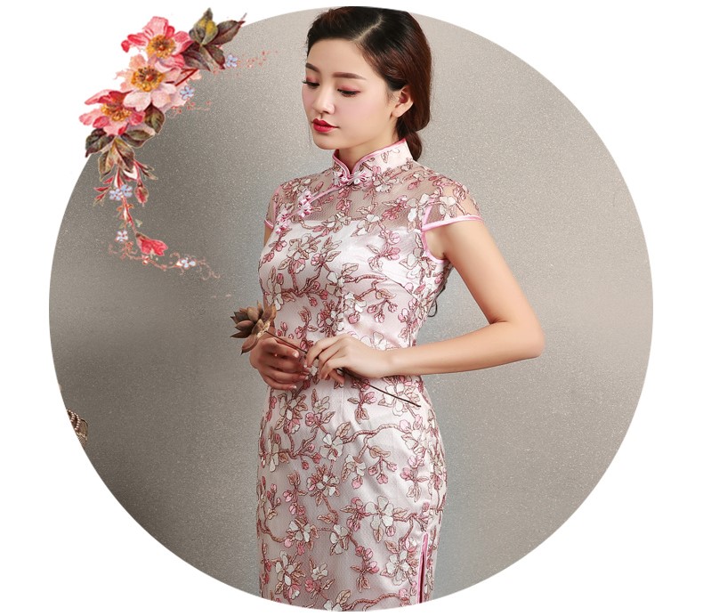 粉色繡花旗袍，蕾絲短款旗袍裙