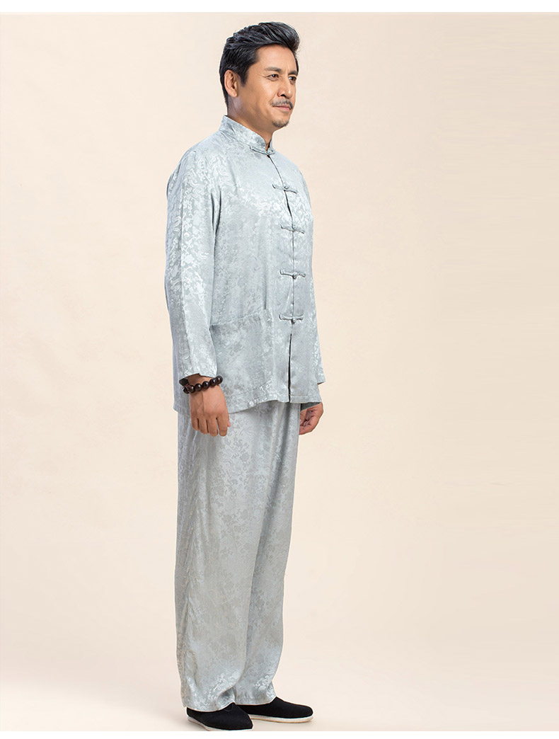 手工盤(pán)扣提花面料蠶絲套裝男士唐裝