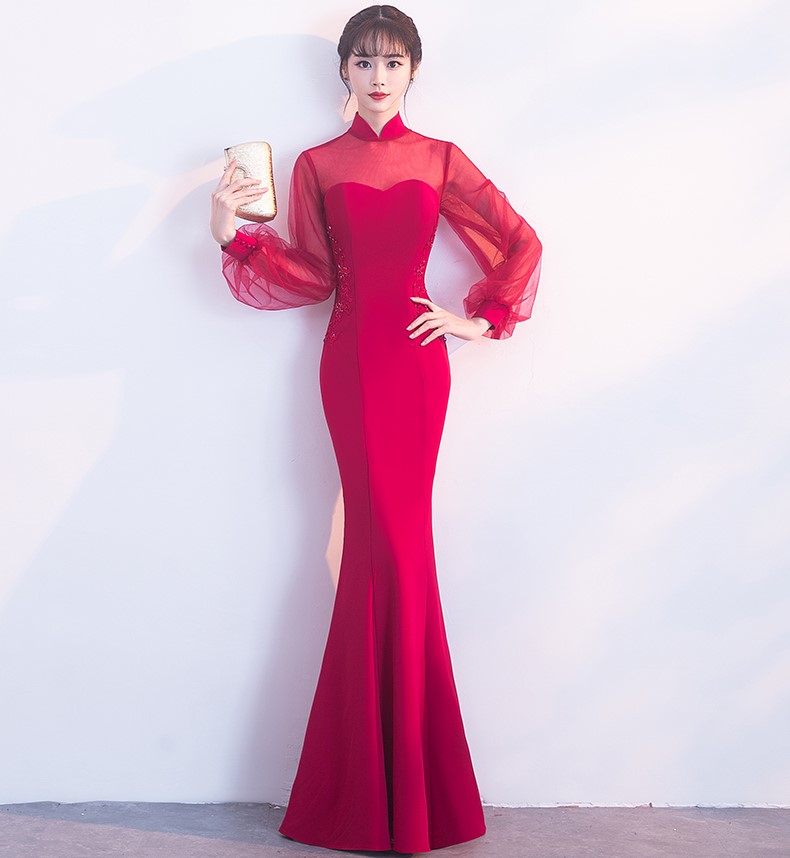 時尚魚尾中式禮服，半透燈籠袖氣質(zhì)晚禮服