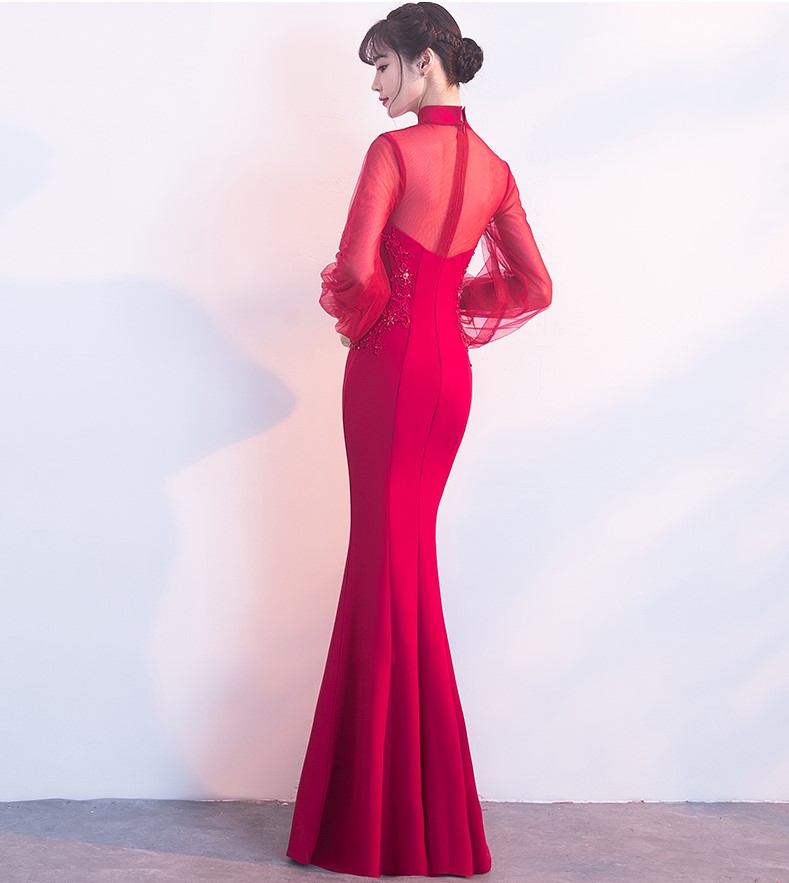 時尚魚尾中式禮服，半透燈籠袖氣質(zhì)晚禮服