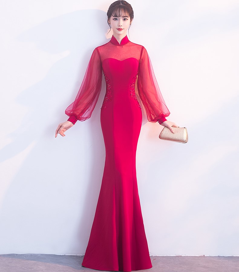 時尚魚尾中式禮服，半透燈籠袖氣質(zhì)晚禮服