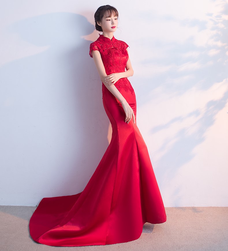 時(shí)尚魚(yú)尾拖尾中式禮服，蕾絲氣質(zhì)晚禮服