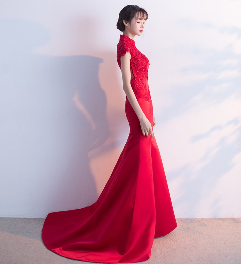 時(shí)尚魚(yú)尾拖尾中式禮服，蕾絲氣質(zhì)晚禮服