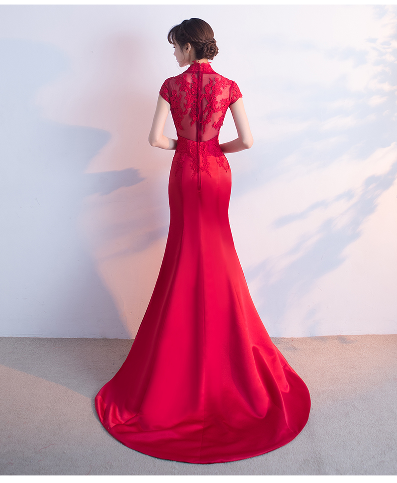 時(shí)尚魚(yú)尾拖尾中式禮服，蕾絲氣質(zhì)晚禮服