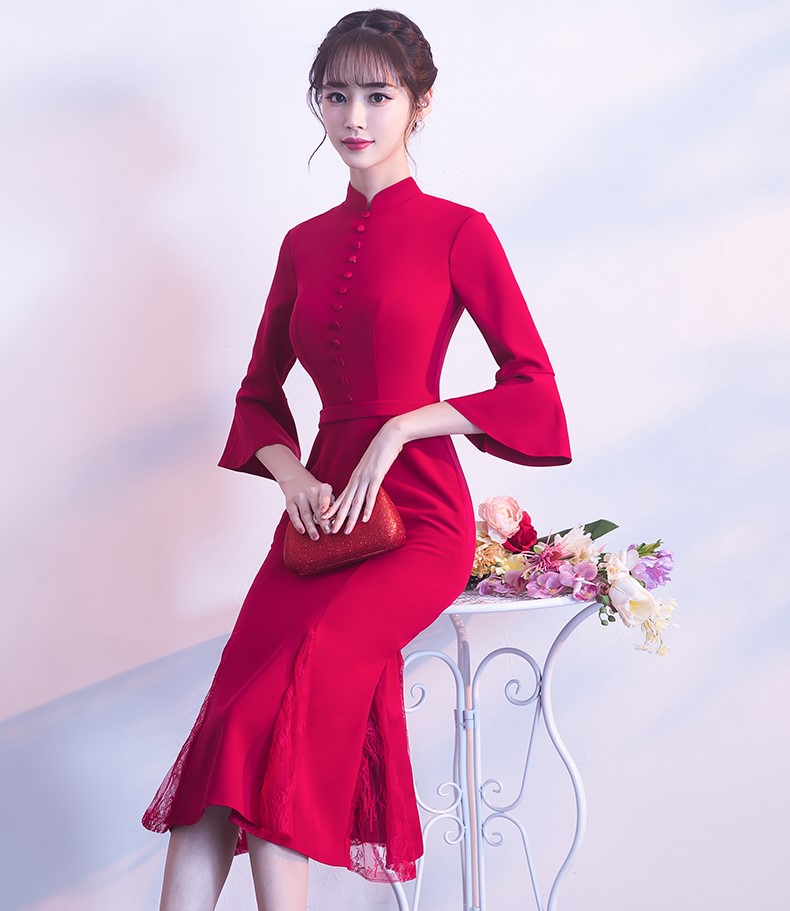 復(fù)古魚尾中式禮服，氣質(zhì)修身晚禮服