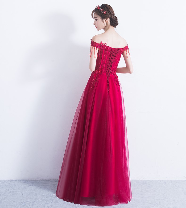 性感一字肩中式禮服，唯美流蘇珠花晚禮服