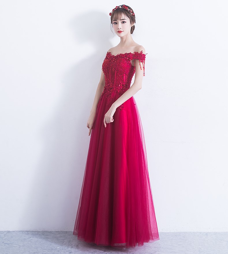 性感一字肩中式禮服，唯美流蘇珠花晚禮服