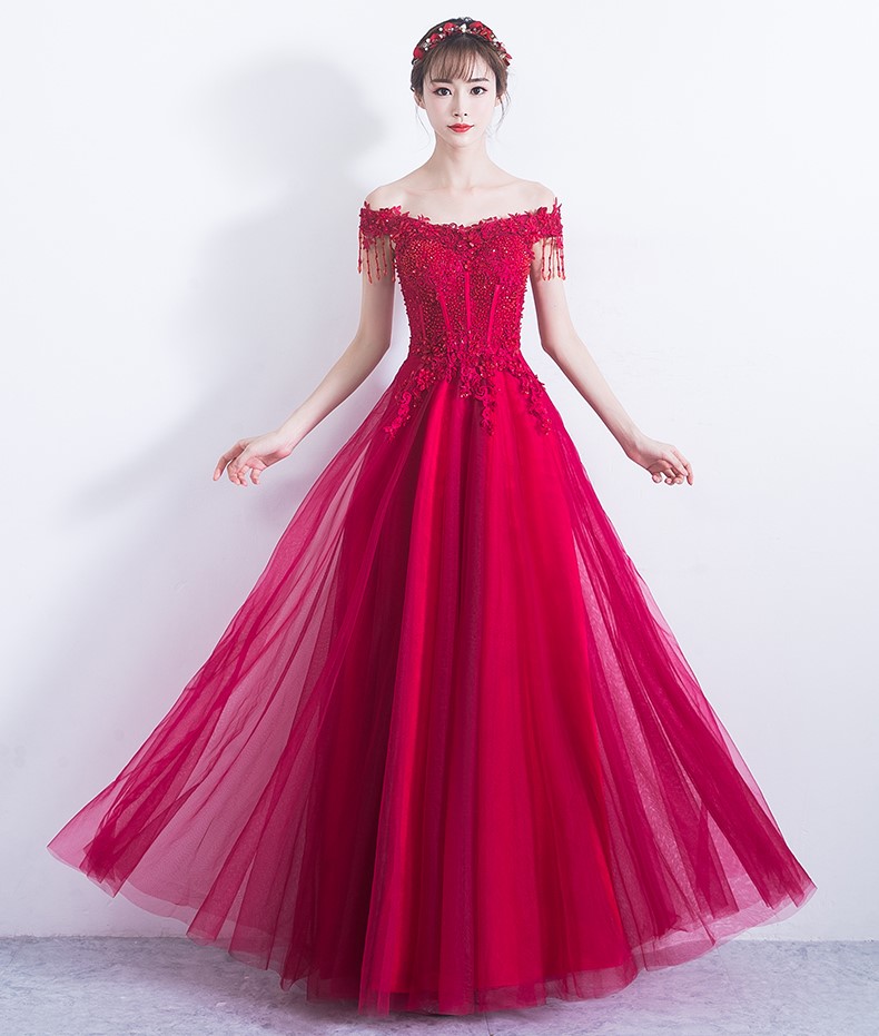 性感一字肩中式禮服，唯美流蘇珠花晚禮服
