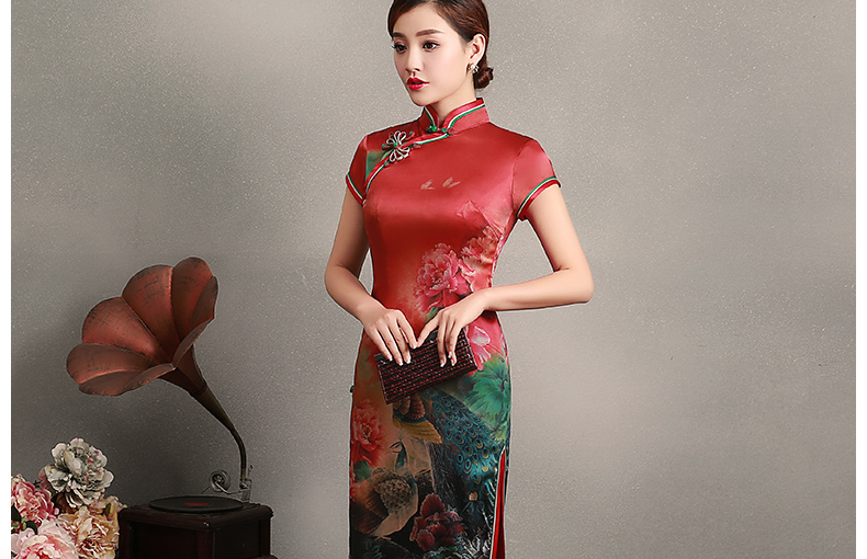 花團(tuán)錦簇短袖旗袍，蠶絲印花旗袍裙