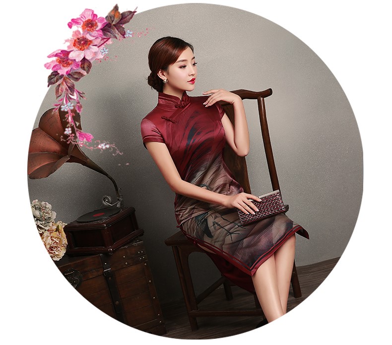 復(fù)古鶴短袖旗袍，蠶絲印花旗袍裙