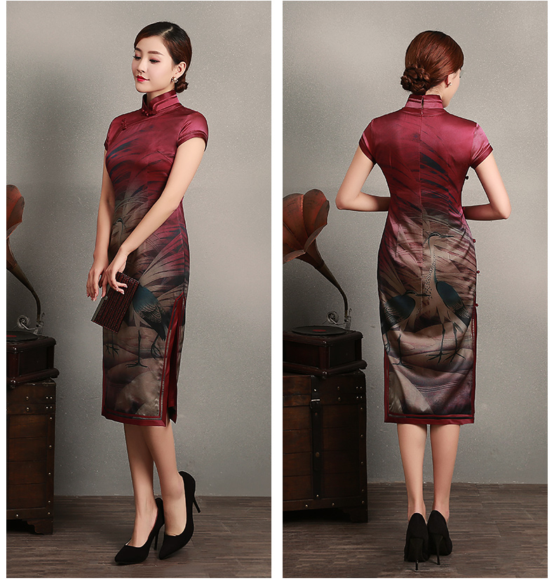 復(fù)古鶴短袖旗袍，蠶絲印花旗袍裙