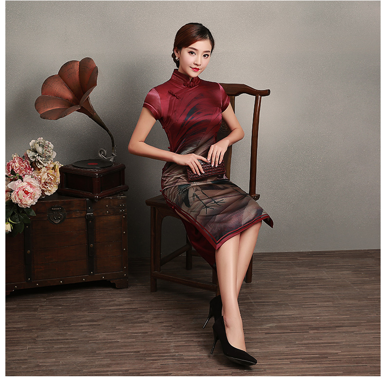 復(fù)古鶴短袖旗袍，蠶絲印花旗袍裙