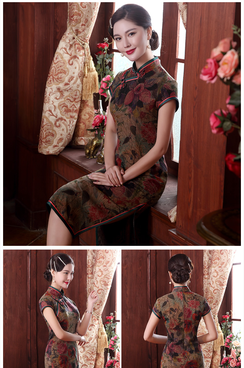 復古手工盤扣短袖旗袍，蠶絲印花旗袍裙