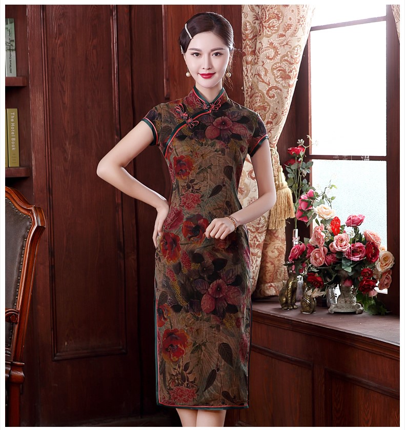 復古手工盤扣短袖旗袍，蠶絲印花旗袍裙