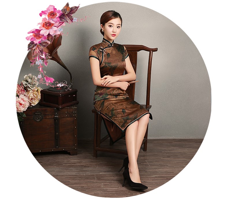 復(fù)古風(fēng)沉今短袖旗袍，蠶絲印花旗袍裙