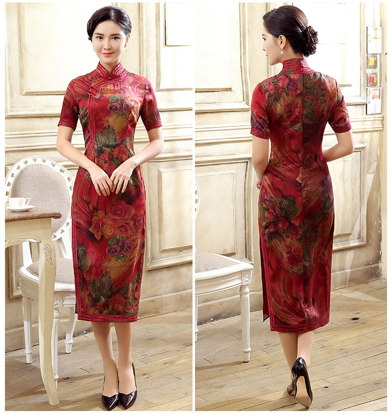 紅色花色短袖旗袍，蠶絲印花旗袍裙