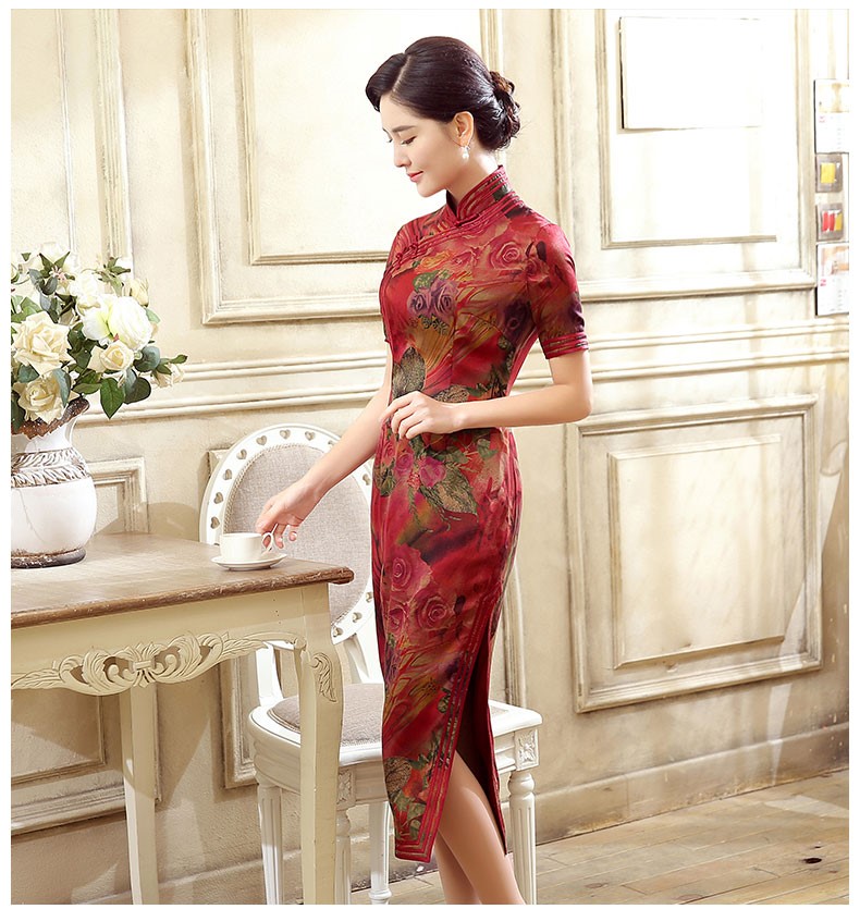 紅色花色短袖旗袍，蠶絲印花旗袍裙